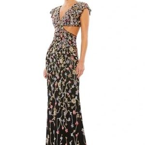 Mac Duggal Embellished Cut Out Ruffle Cap Sleeve Column Gown